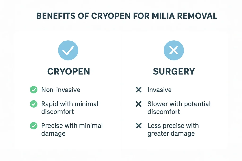 Benefits of cryopen for milia removal Chingford compared to surgical treatments.
