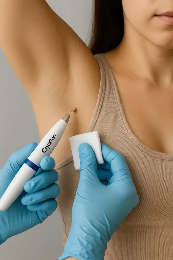 woman having cryopen to remove underarm skin tags Chingford